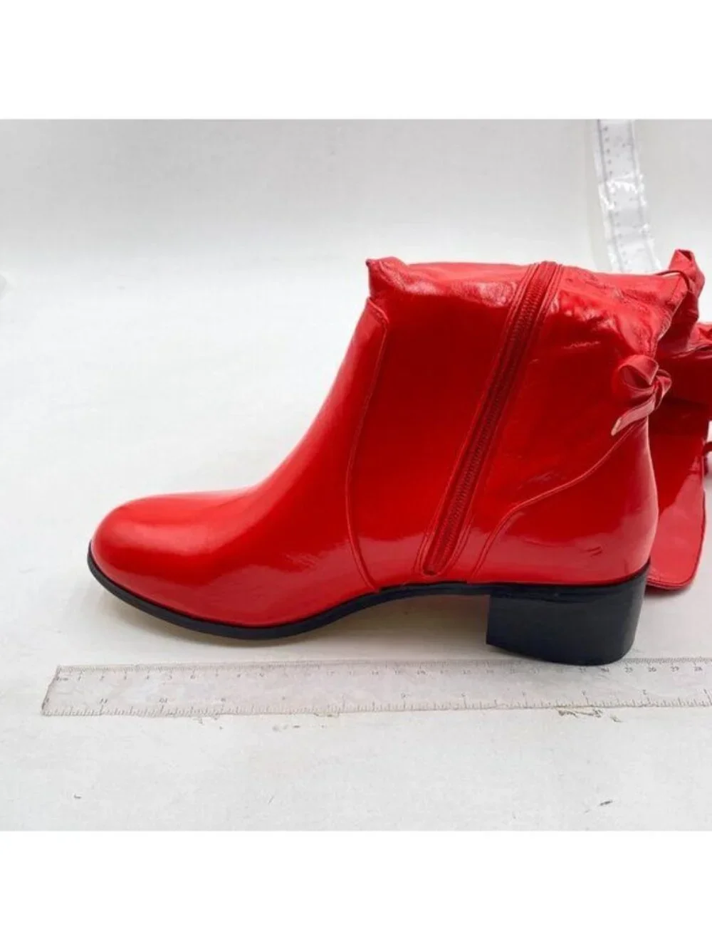 Red Over The Knee Thigh High Leather Chunky Heel Round Toe Bowknots Riding Boots